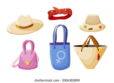 Collection of female head accessories and handbags. Fashionable girlish garment outfit street style. Elegant protective straw hats, reticule for beach recreation, event or carrying goods flat vector