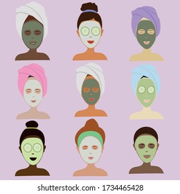 Collection of female head portraits  with self-care/spa skin care face masks. Variety of skin tones.