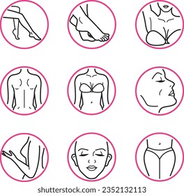 Collection of female health and beauty icons featuring different areas of the body.