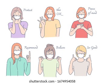 Collection of female her wearing facial mask for protection from air pollution or virus epidemic. Virus protect concept idea. Hand drawn in thin line style, vector illustrations.