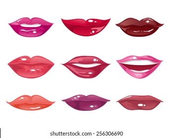 Collection of female lips of different shapes with different shades of lipstick