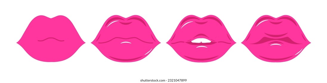 Kollektion weibliche Lippen. Vektorgrafik von sexy Frauenlippen. Lächle, küss! Beauty-Konzept, Pop-Kunst, trendiger Hintergrund. Die Kollektion der Lippen der Frau drückte unterschiedliche Emotionen aus.