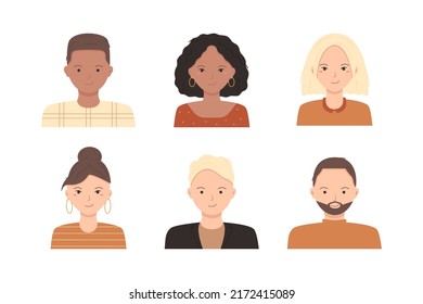 Collection of female, male avatars of different nationalities in cartoon style. Vector illustration isolated on white background