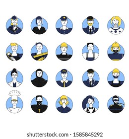 Collection of female and male workers of different professions user avatars. Bundle of icons of people of various occupations. Isolated on white background. Flat style stock vector illustration.