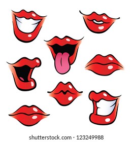 Collection of female mouths with glossy lips.