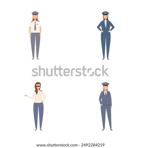 Collection of female pilot illustrations, showcasing various poses and uniforms