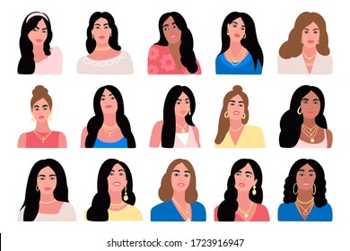 Collection of female portraits. Girls posing for the camera in fashionable clothes. Colorful flat vector drawing.