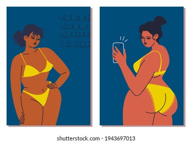 Colección de carteles femeninos cerca de un bikini amarillo. Jóvenes bronceadas con un teléfono en la mano. Establecer ilustraciones vectoriales de belleza femenina y cuerpo en estilo de dibujos animados.