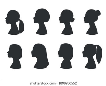 Collection of female profile silhouettes. Different hairstyles side view. Vector illustration