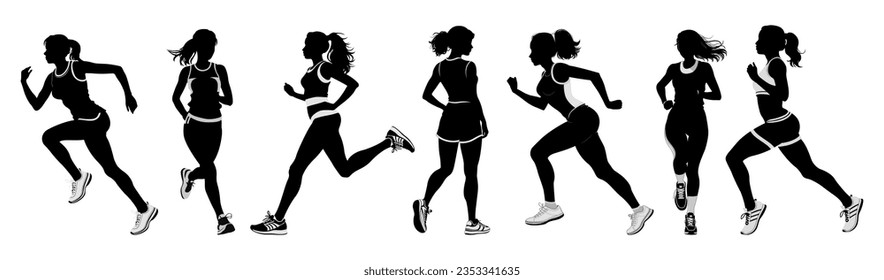 Collection of female runner silhouette various poses athletic woman exercising running jogging fitness activity