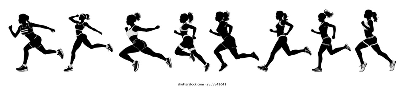 Collection of female runner silhouette various poses athletic woman exercising running jogging fitness activity