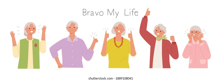 Collection of female senior characters. Her grandmothers are making a lively and positive gesture. flat design style minimal vector illustration.