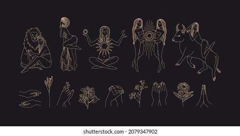
Collection of female silhouettes drawn by line. Astrological symbols. Mythical characters. Mystical women, beautiful esoteric drawings. Print for clothes. Ritual ceremony. Linear magic drawing. 
