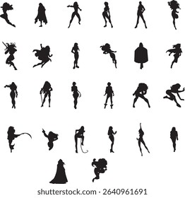 Collection of female superhero silhouettes in various dynamic poses showcasing strength and agility
