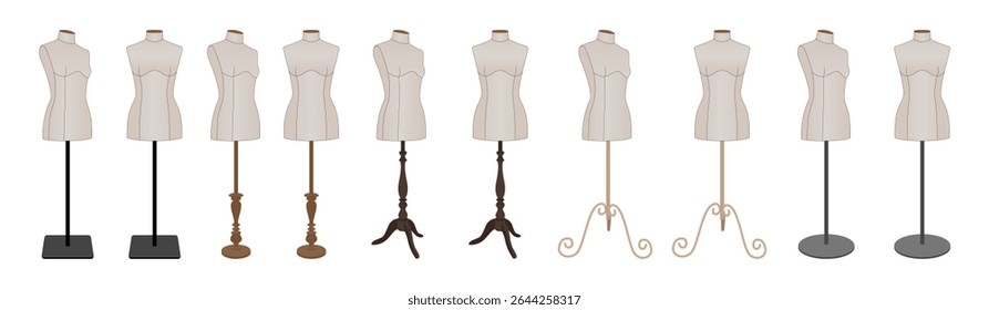 Collection of female tailor dress forms with different vintage and modern stands. Vector illustration of sewing mannequins for fashion design and garment making.
