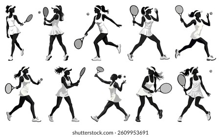 Collection of female tennis player silhouettes various action poses racket ball sport game