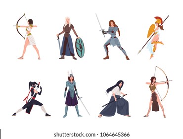 Collection of female warriors from Scandinavian, Greek, Egyptian, Asian mythology and history. Set of women wearing armor and holding weapons isolated on white background. Cartoon vector illustration.