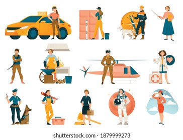 Collection female worker characters of various occupations or profession wearing professional uniform vector illustration