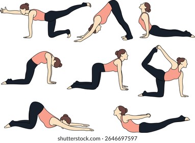 Collection of Female Yoga Animal Poses. Cat-Cow, Downward Dog, Cobra, Extended Puppy, Bird Dog, Tiger and Locust Poses. Perfect for yoga class or tutorials, meditation, fitness and wellness designs