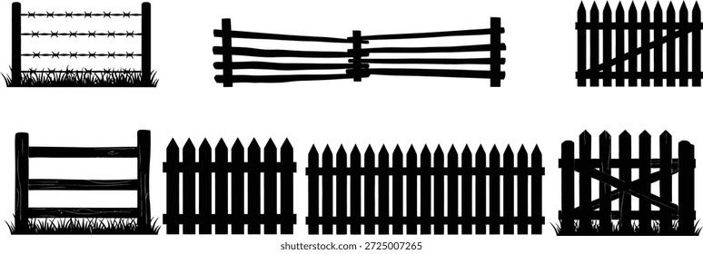A collection of fence vector silhouettes featuring different fence types and designs in black