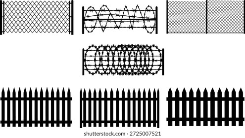 A collection of fence vector silhouettes featuring different fence designs and patterns for various uses