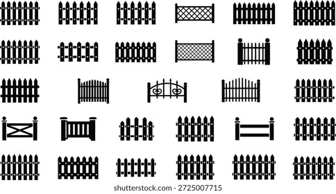 Uma coleção de silhuetas vetor de cerca com vários tipos de cerca e desenhos em preto
