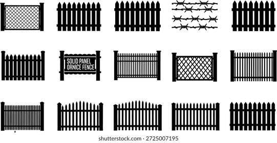 A collection of fence vector silhouettes showcasing various fence designs and patterns for architectural and design use