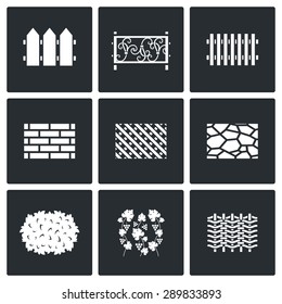 Collection of fences from different materials icons set. Vector Illustration.
Isolated Flat Icons collection on a black background for design