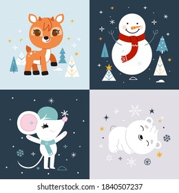 Collection of festive backgrounds with cute winter characters. Cards for winter holidays. Vector cartoon illustration.