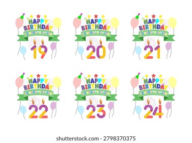Collection of festive birthday graphics featuring balloons, confetti, candles, and celebratory text for ages nineteen to twenty-four. Happy Birthday celebration graphics with numbers 19 through 24