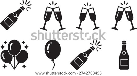 A collection of festive black silhouette icons including popping champagne bottles, cheering glasses, and balloons, perfect for party themes.