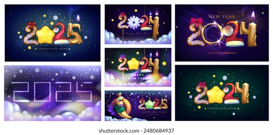 Collection of festive cards. Atmospheric   Happy New Year and Merry Christmas banners.  Vector Realistic funny design from numbers in the shape сolorful decorations. Glowing candle , cookie,star, 2025