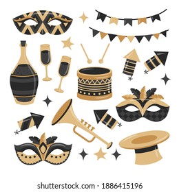 Collection of festive carnival elements in flat style on white background
