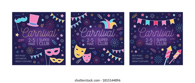 Collection of festive carnival promo cards with place for text. Bundle of square postcards decorated mask, flag garland and firework drawn with glowing neon lines. Vector illustration in linear style