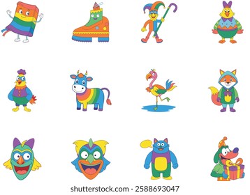 Collection of Festive Cartoon Characters Celebrating a Party
