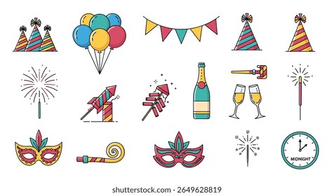 Collection of festive celebration elements for parties and special occasions including hats balloons banners fireworks and masquerade