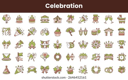 Collection of festive celebration icons, featuring balloons, cakes, party hats, and musical notes in a cheerful color palette, perfect for event invitations.