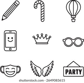 Collection of Festive and Celebratory Line Art Icons Featuring Parties, Travel, and Holiday Themes for Graphic Design Projects
