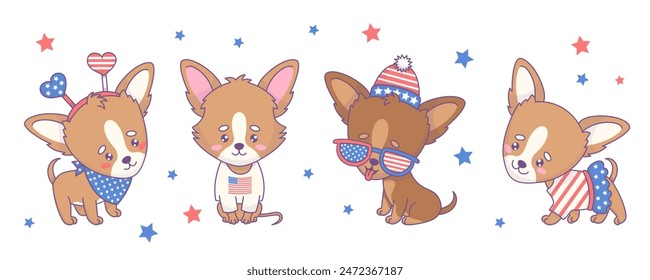 Collection festive Chihuahua dogs wearing clothes, accessories and glasses in colors of American flag. Independence Day 4th july. Isolated cartoon funny kawaii animal characters. Vector illustration