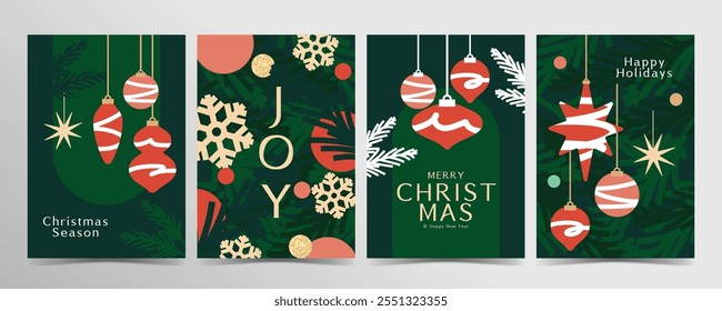 A collection of festive Christmas card and poster designs featuring snowflake, ornaments and christmas pine tree. Ideal for holiday greetings, seasonal decor and modern Christmas-themed promotions.