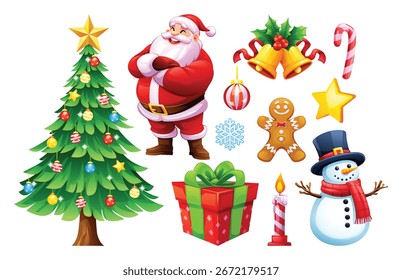 Collection of festive Christmas elements with Santa, a snowman, a decorated tree, gifts, gingerbread man, and candle. Vector cartoon illustration