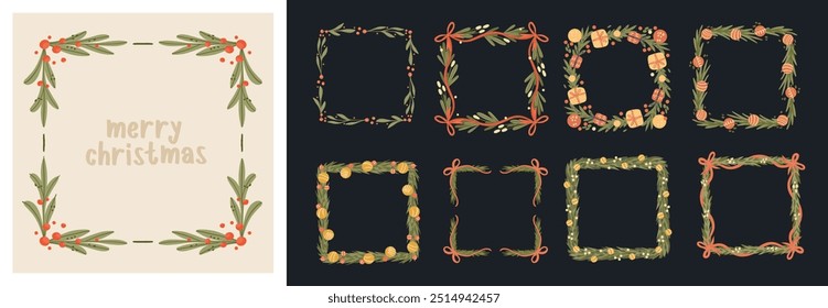 Collection of Festive Christmas Frames with hand-drawn Fir Branches, Holly Berries, and Ribbon Bows. Flat square Pine Wreath for holiday cards, invitations, and festive design