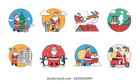 Collection of festive christmas illustrations featuring santa claus in various merry activities and holiday celebrations bringing joy and gifts