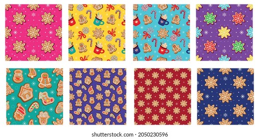 Colección de festivos patrones de Navidad sin fisuras de dulces navideños tradicionales. Ilustración del vector