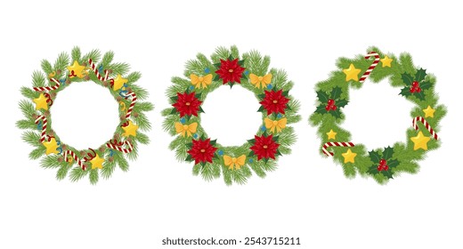 Collection of festive Christmas wreaths adorned with pine branches, red poinsettias, candy canes, golden stars, and holly berries. Design for greeting card, invitation, poster, and banner.
