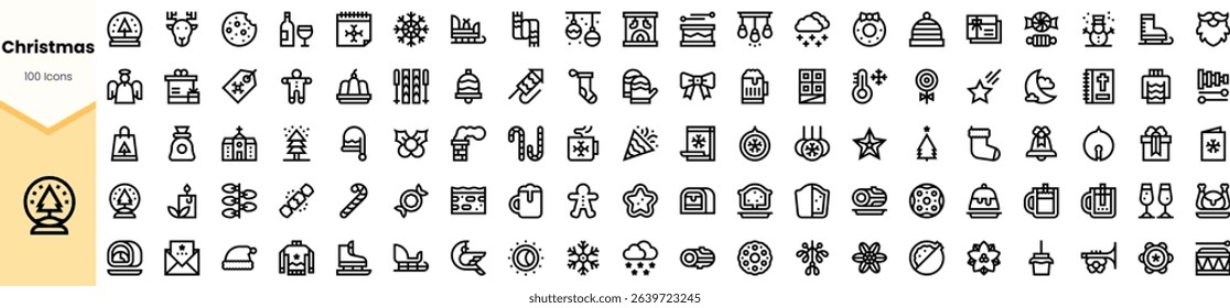 A collection of festive Christmas-themed icons in a minimalist design, including symbols like trees, gifts, snowflakes, and ornaments.