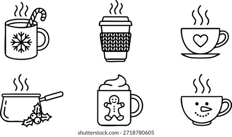 Collection of festive coffee cups with various winter designs and toppings