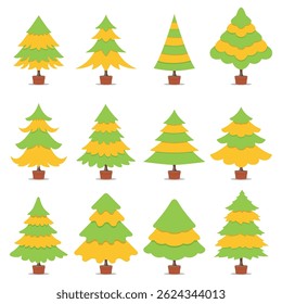 A collection of festive, colorful Christmas tree illustrations green and yellow leaves with diverse designs and arrangements. Perfect for holiday-themed designs, art projects, and decorations. 
