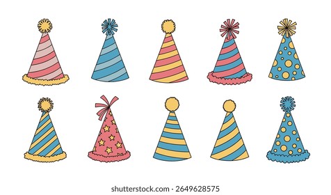 Collection of festive conical party hats with colorful patterns and decorative toppers for celebrations and fun events