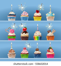 Collection of festive cupcakes with sparklers and candles.